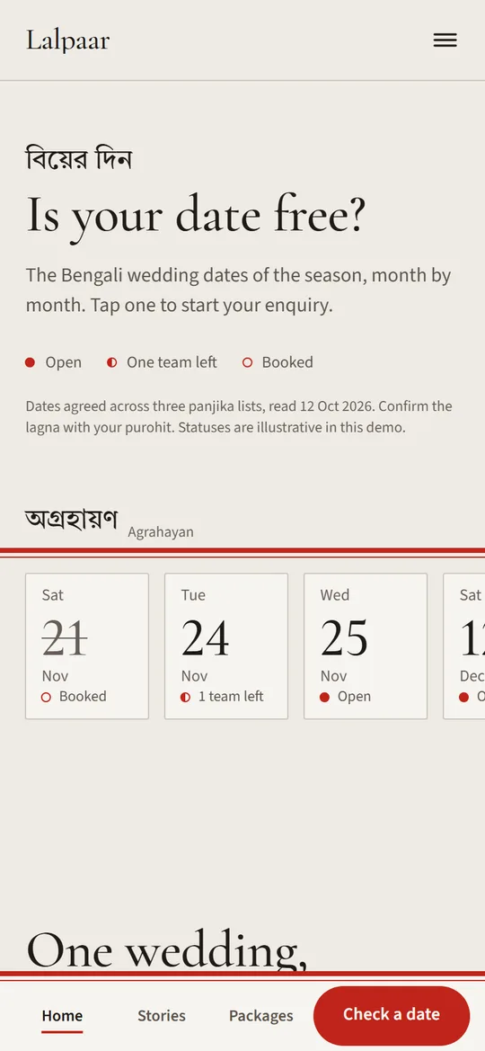 A phone showing the season's dates as a row of tappable chips, each marked open, few left or booked.