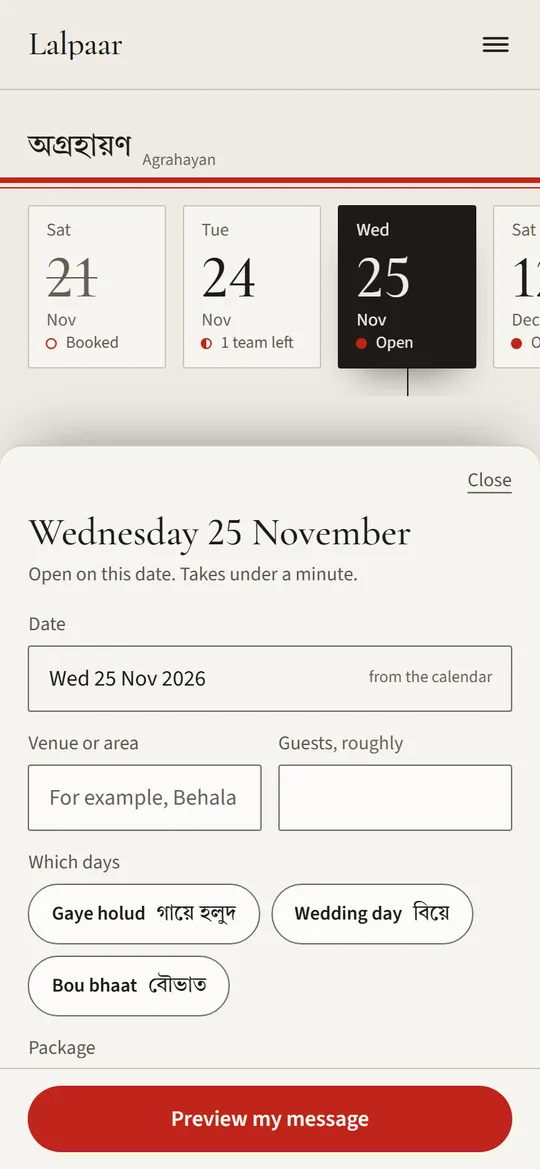A phone showing the enquiry sheet for one date, with fields for venue and guests, day buttons and a package choice.