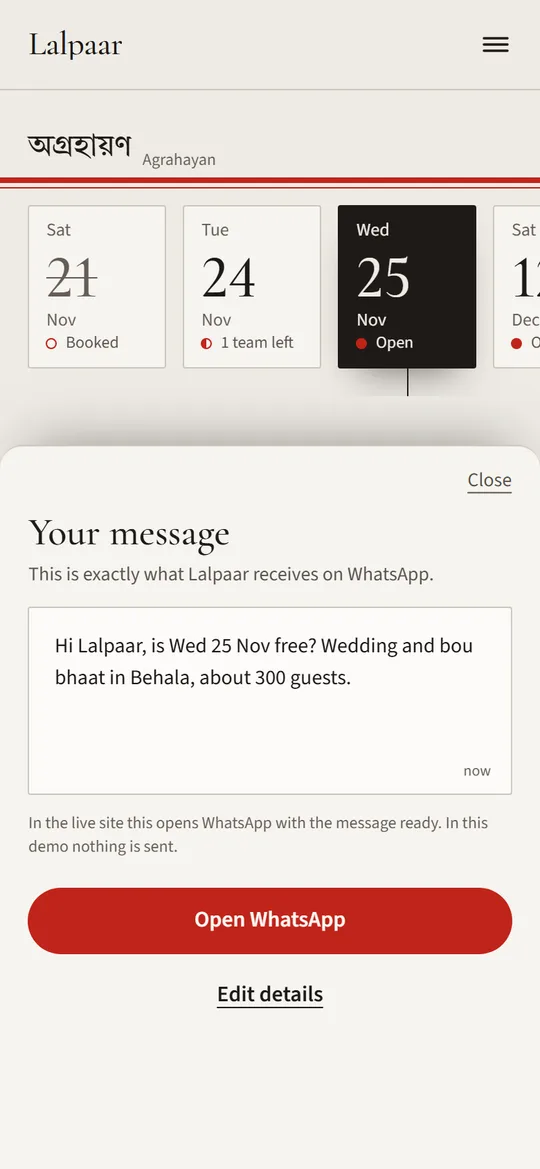 A phone showing a written enquiry as a WhatsApp message bubble, with the date, venue, guests and days filled in.